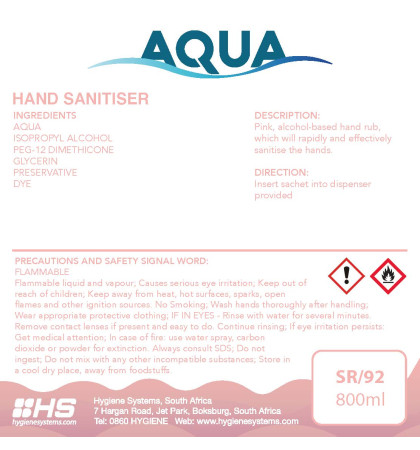 HSC-AQU-001 - AQUA HAND SANITISER MANUAL PUMP SACHET - 800ml x 6